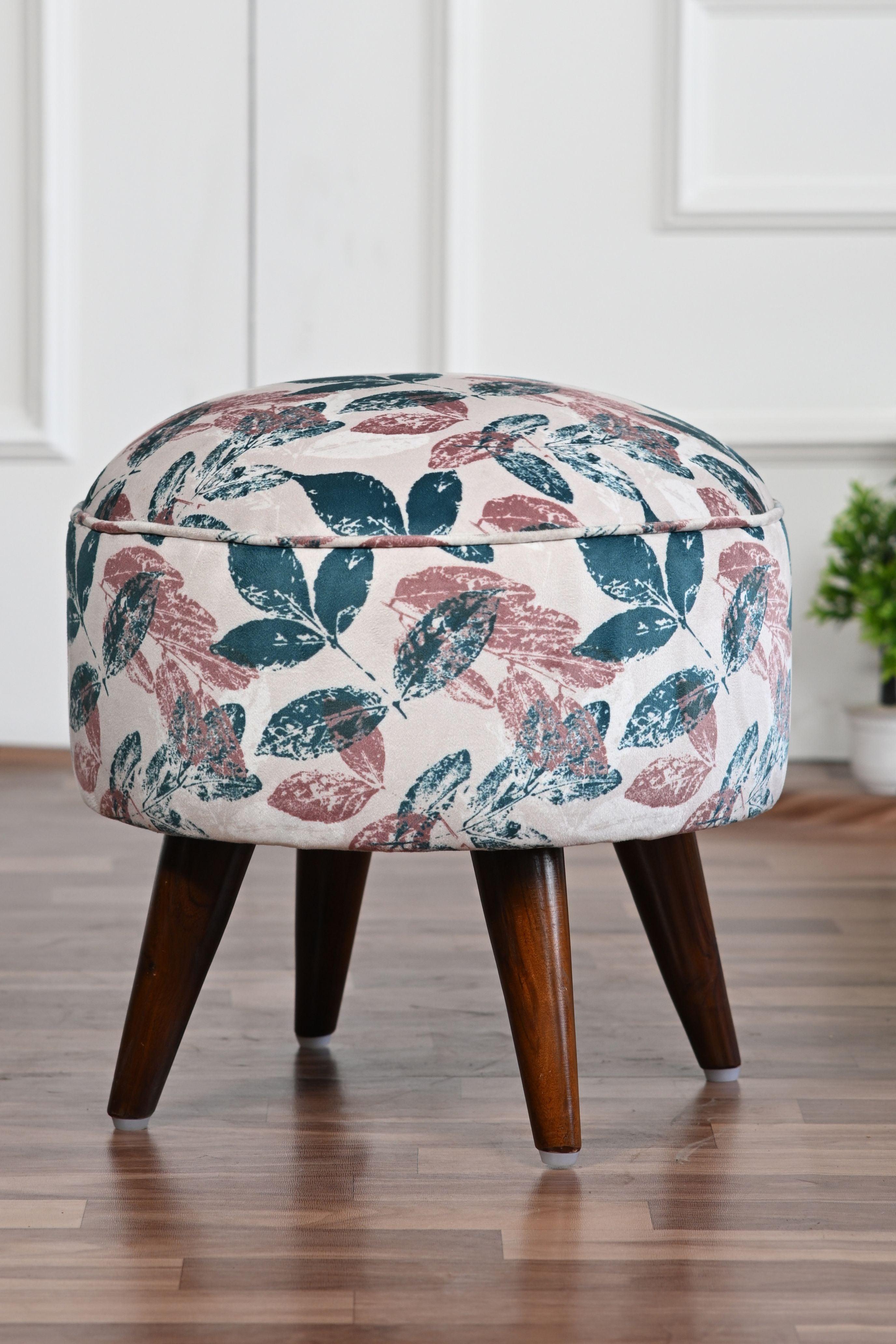 Cream Leaf Print Fabric Stool With Polished Leg - Main Image