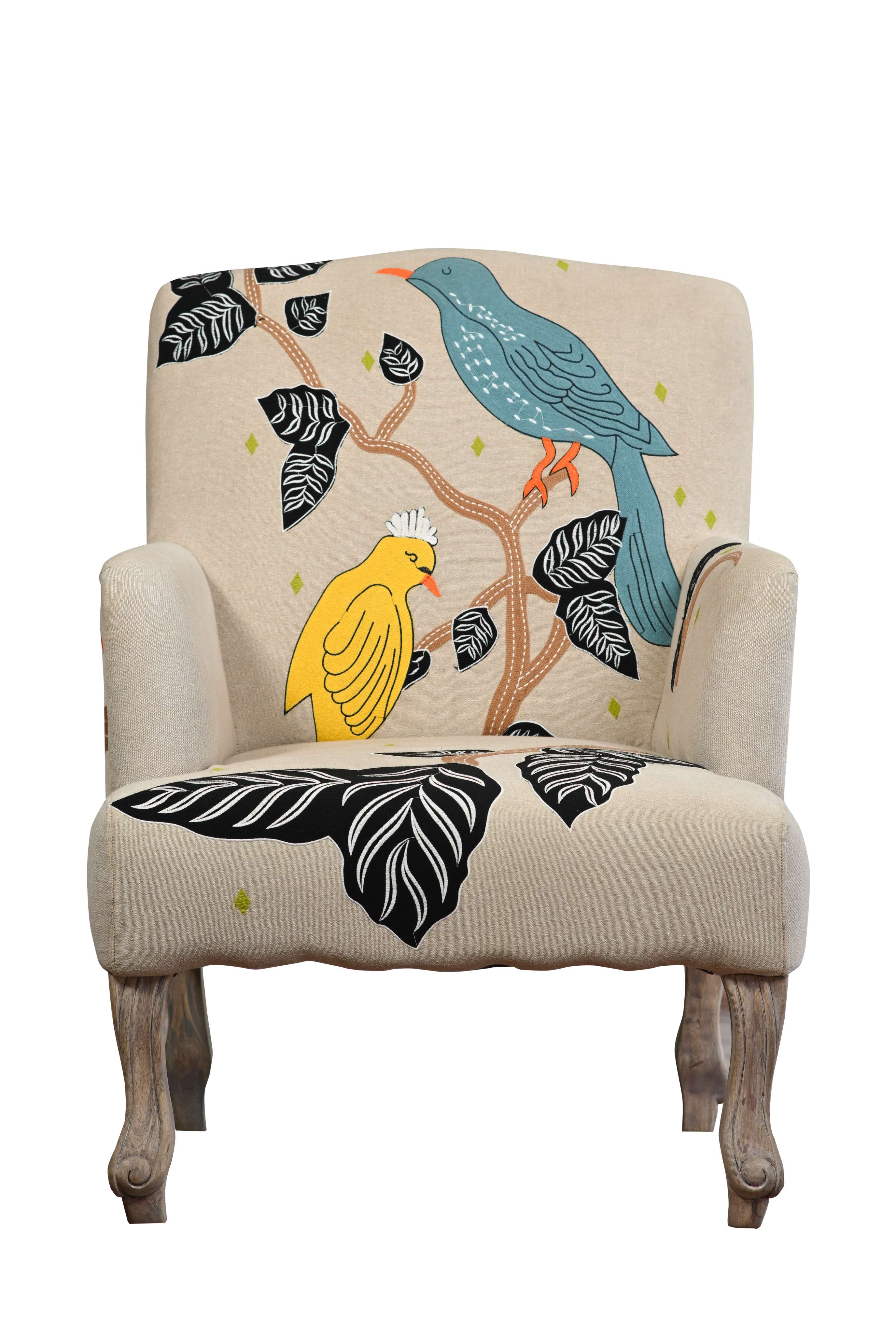 Bird Rocking Chair Cream Bird Emboidery Work Arm Chair With Vintage Legs – JAIPURIA EMPORIUM